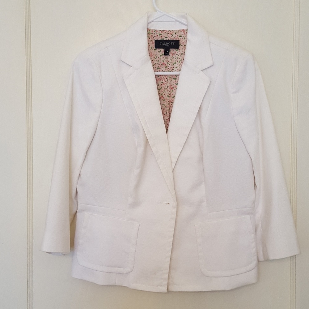 Talbots white blazer, 3/4 sleeve floral lining.
